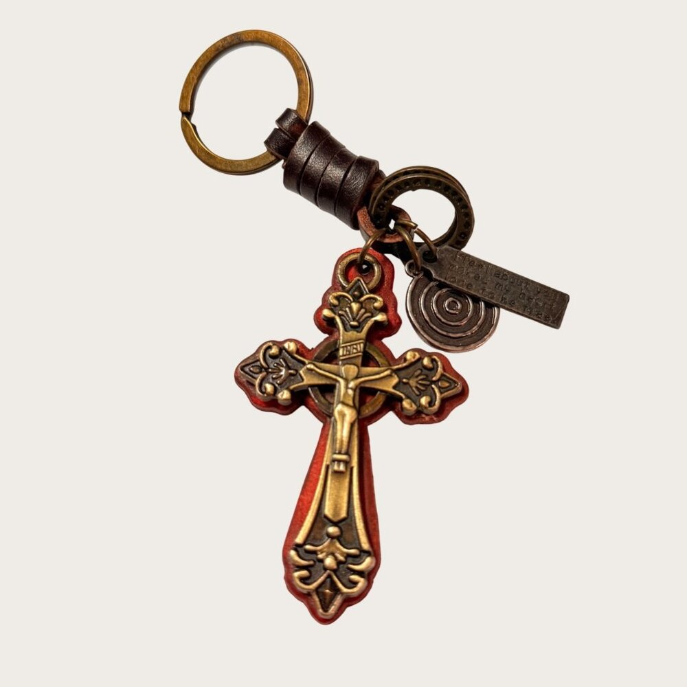 Crucifix Keychain Keyring Leather Cross Inspirational Engraving Religious